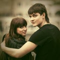 Happy young couple in love walking on city street Royalty Free Stock Photo