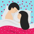 Happy young couple lying in bed in love. Man and woman lovers taking a lazy rest. Romantic relationships, honeymoon