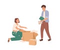 Happy young couple of man and woman packing things in cardboard boxes together. Relocation concept. Colored flat cartoon