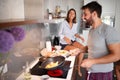 Happy couple in morning celebratin valentines day in kitchen. sexy and in love Royalty Free Stock Photo