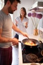 Happy couple in morning celebratin valentines day in kitchen. sexy and in love Royalty Free Stock Photo