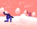 Happy Young Couple Playing Snowballs Fight on Snowy Winter Landscape Outdoors Background