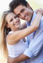 Happy, young couple and portrait with hug in nature, bonding together and love in marriage with commitment. People Royalty Free Stock Photo