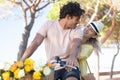 happy young couple riding bicycles on beach Royalty Free Stock Photo