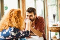 fun woman man couple cafe lifestyle happy together smiling love cheerful coffee shop Royalty Free Stock Photo