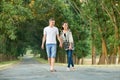 Happy young couple walk on country road outdoor, romantic people concept, summer season Royalty Free Stock Photo