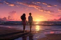 Happy young couple walking on the beach at sunset. 3D rendering, Craft an intimate anime image of the young boy and girls on the Royalty Free Stock Photo