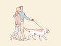 Happy young couple walking their dog simple korean style illustration Royalty Free Stock Photo