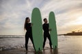 Happy Young Couple In Wetsuits Surfing On The Beach Together Royalty Free Stock Photo