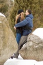 Happy Young Couple in Winter mountains Royalty Free Stock Photo