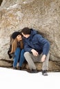 Happy Young Couple in Winter mountains Royalty Free Stock Photo