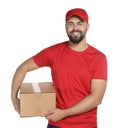 Happy young courier with cardboard box on white background Royalty Free Stock Photo