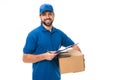 happy young delivery man holding clipboard and cardboard box Royalty Free Stock Photo