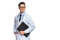 happy young doctor with clipboard looking at camera Royalty Free Stock Photo