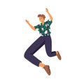 Happy young energetic man jumping up for fun and joy. Active excited smiling guy feeling freedom. Colored flat vector