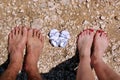 Happy young family awaiting baby, love and happiness. Future mom and dad feet with little unborn baby shoes, closeup.