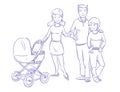 Happy young family with child and baby in stroller, hand drawn, pen sketch vector illustration Royalty Free Stock Photo