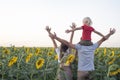 Happy young family with child on dads shoulders on sunflower field background