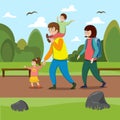 A happy young family with children walks in the summer in the park. Illustration in flat style. Royalty Free Stock Photo