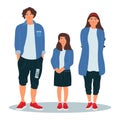 Happy young family. Dad, mom, and daughter standing together. Family look. Vector illustration on white background in cartoon