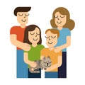 Happy young family. Dad, mom, son, daughter and cat together. Vector illustration in simple cartoon style.