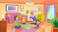 Happy young family with kids playing a board game at home sitting on the floor Royalty Free Stock Photo