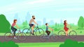 Happy young family riding on bikes at park. Parents and kids ride bicycles. Summer activities and families leisure vector Royalty Free Stock Photo