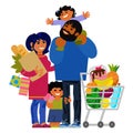 Happy young family shopping. Father, mother and kids with shopping bags and shopping cart. Vector. Royalty Free Stock Photo