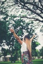 Happy young family spending time in the park, Father mother and daughter playing Royalty Free Stock Photo