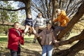 Happy young family with three children in the park on a sunny autumn day. The sons are sitting in the trees. Love and tenderness Royalty Free Stock Photo