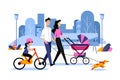 Happy young family with two kids and dog enjoy weekend walking in town park. Vector flat cartoon illustration