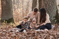 Happy young family with two little children relaxing and having fun in autumn park on sunny day Royalty Free Stock Photo