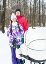 Happy young family walk in wood Royalty Free Stock Photo