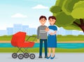 Happy young family walking with baby stroller in park. Family couple with their newborn baby cartoon Royalty Free Stock Photo