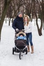 Happy young family walking in the park in winter Royalty Free Stock Photo