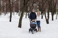 Happy young family walking in the park in winter Royalty Free Stock Photo