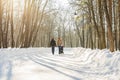 Happy young family walking in the park in winter. The parents carry the baby in a stroller through the snow. Royalty Free Stock Photo