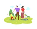 Happy young family walks together on green nature in summer. Vector flat illustration. Royalty Free Stock Photo