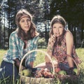 Happy young fashion girls with a fruit basket on nature Royalty Free Stock Photo