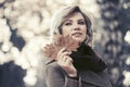 Happy young fashion woman walking in autumn forest Royalty Free Stock Photo