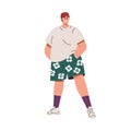 Happy young fat man with chunky plus-size body. Chubby stout guy in loose casual clothes, summer shorts, cap, sneakers