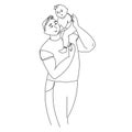Happy young father holds his son piggyback ride on his shoulders Line Art Minimal Vector illustration.Happy parenthood Royalty Free Stock Photo