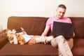 Happy young father sit on computer using laptop with son having a video call. Smiling dad sitting and little boy child Royalty Free Stock Photo