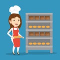 Happy young female baker holding tray of bread. Royalty Free Stock Photo