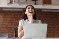 Happy female employee feel grateful for good news