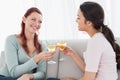 Happy young female friends toasting wine glasses at home Royalty Free Stock Photo