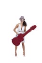 Happy young female wearing sunglasses posing with guitar