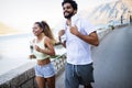 Happy young fit people couple running outdoor Royalty Free Stock Photo