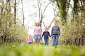 Happy young four member family standing together outdoors in the orchard