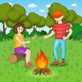 Happy young friends at camp or picnic, enjoy roasting marshmallow at fire, sitting at bonfires Royalty Free Stock Photo